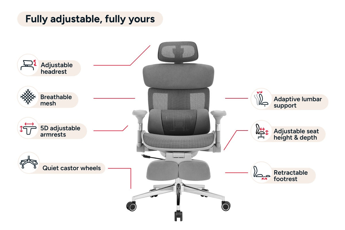 Ergolux Pro Max Ergonomic Mesh Office Chair with Footrest (Grey)