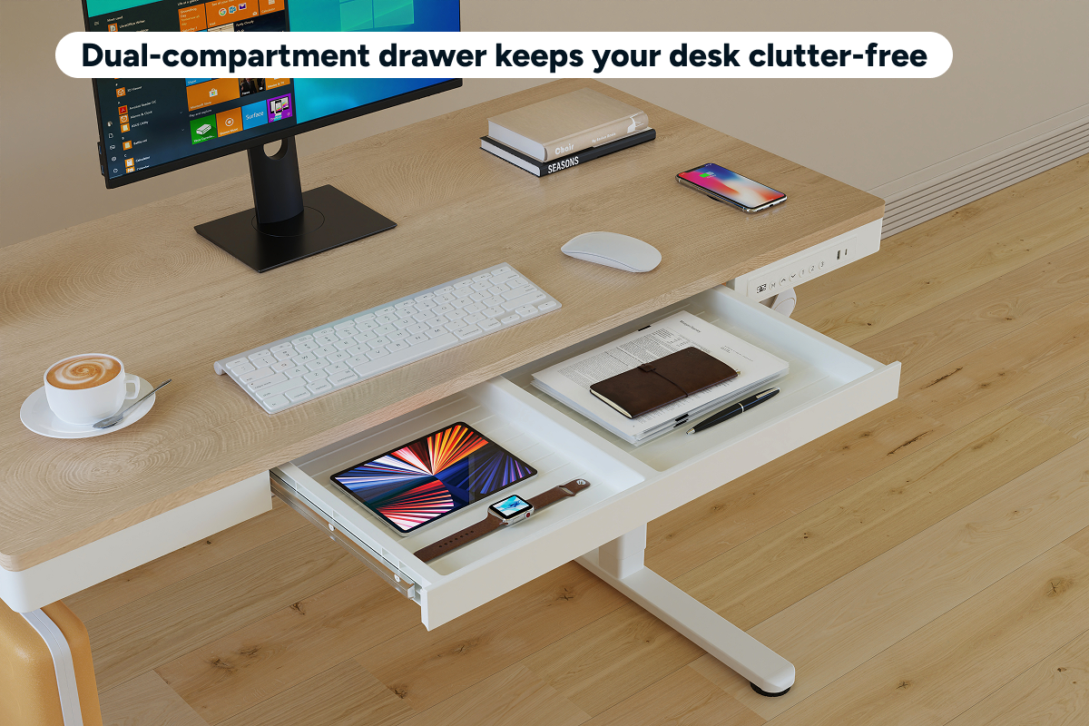 Ergolux Electric Standing Desk with Drawer 120 x 60cm (Oak/White)