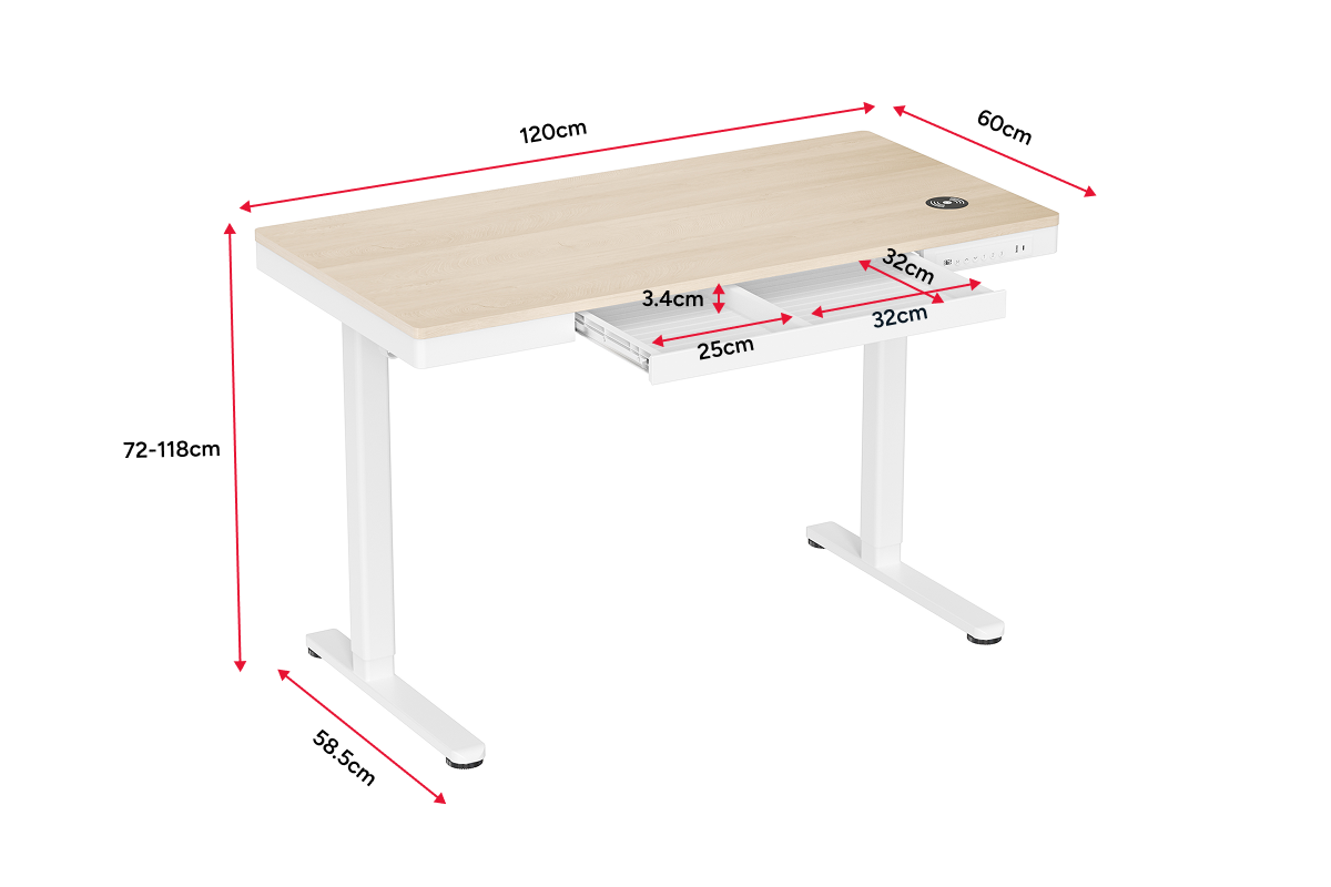 Ergolux Electric Standing Desk with Drawer 120 x 60cm (Oak/White)