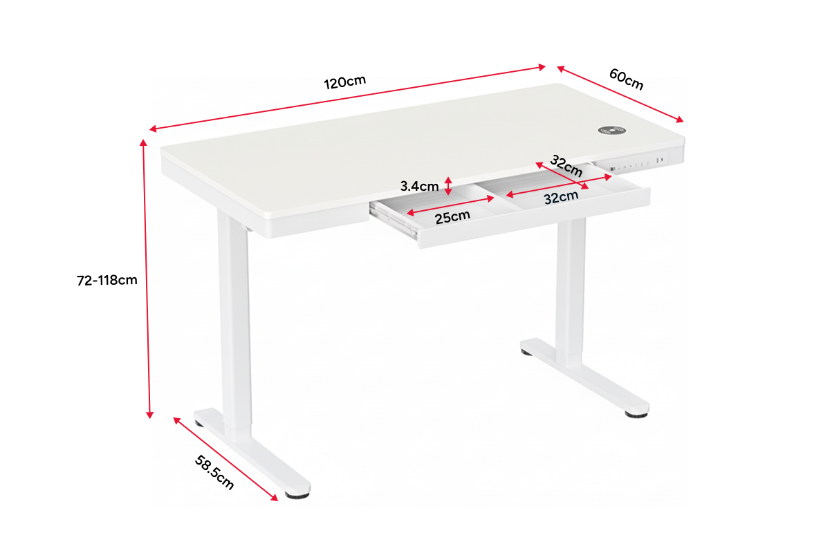 Ergolux Electric Standing Desk with Drawer 120 x 60cm (White/White)