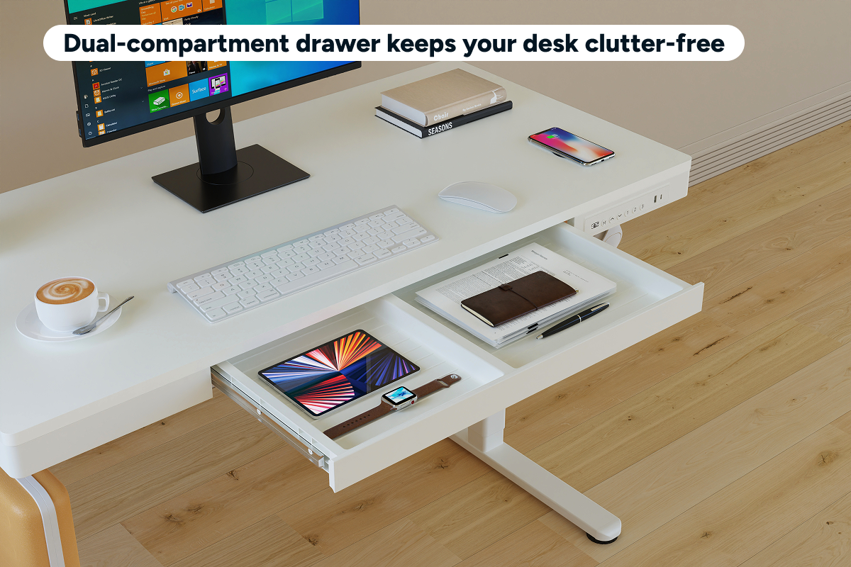 Ergolux Electric Standing Desk with Drawer 140 x 60cm (White/White)