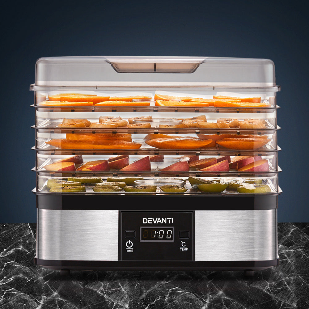 Devanti 5 Tray Food Dehydrator Fruit & Jerky Dryer - Black