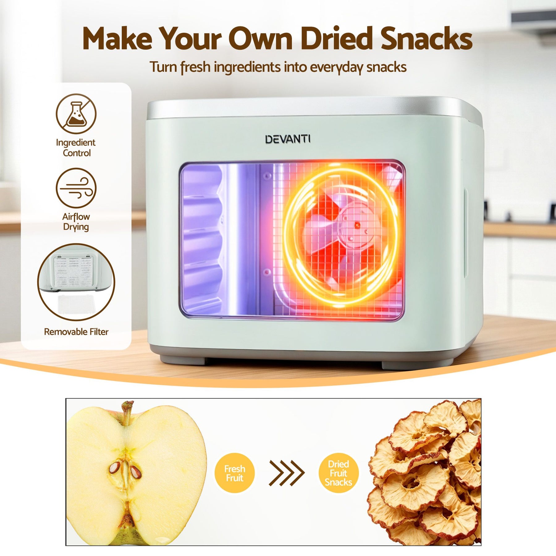Devanti 5 Tray Mini Food Dehydrator Machine - Green