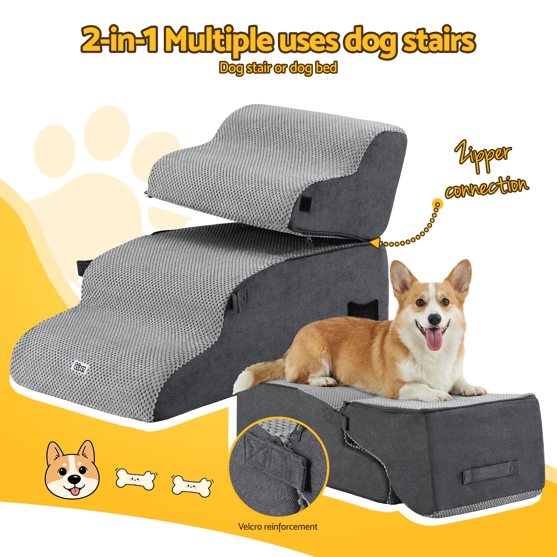 i.Pet 2-in-1 Dog Stairs & Bed with Washable Cover - Grey