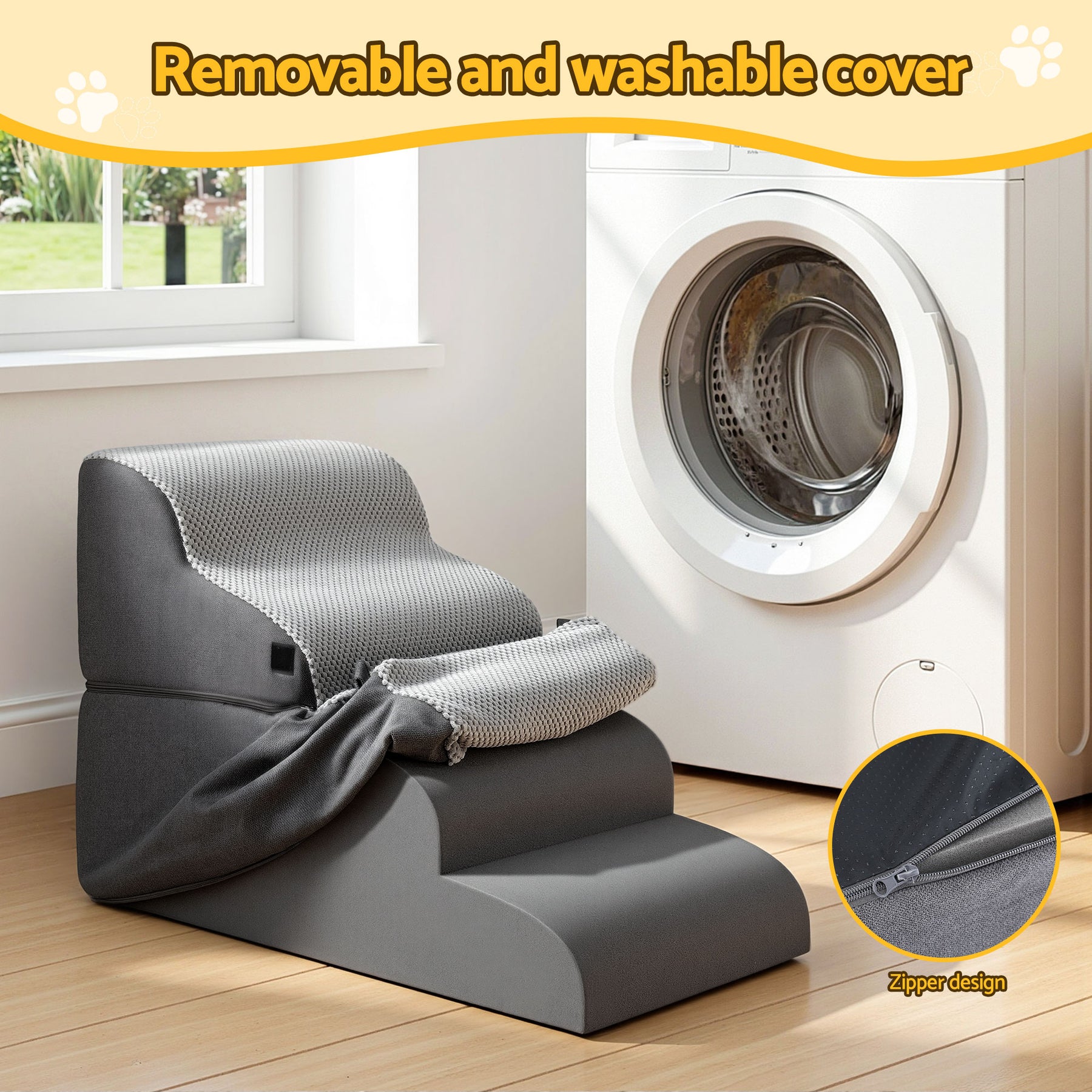 i.Pet 2-in-1 Dog Stairs & Bed with Washable Cover - Grey