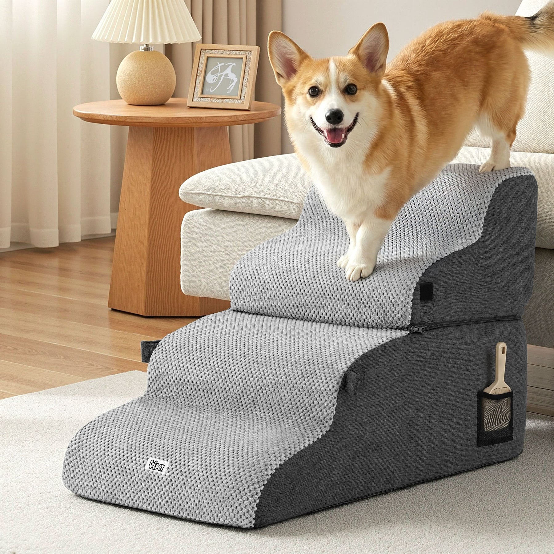 i.Pet 2-in-1 Dog Stairs & Bed with Washable Cover - Grey