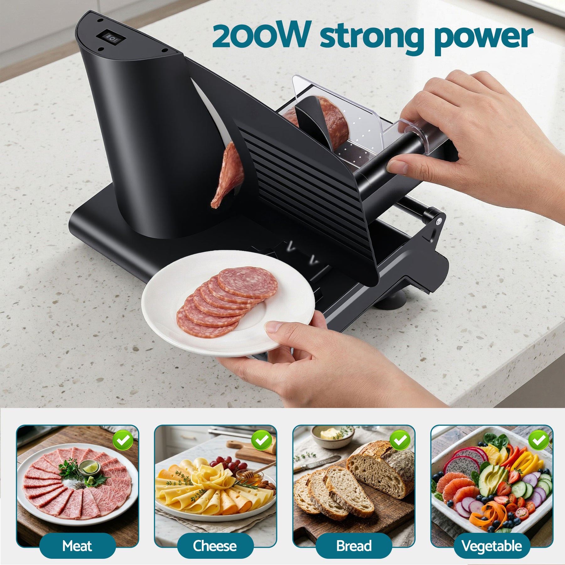 Devanti Meat Slicer Bread Vegetable, 200W Power 0-15mm Adjustable Easy Clean Stable Stainless Steel Blade Food Slicer for Kitchen Commercial, Black - SuperSaverAU - view 4
