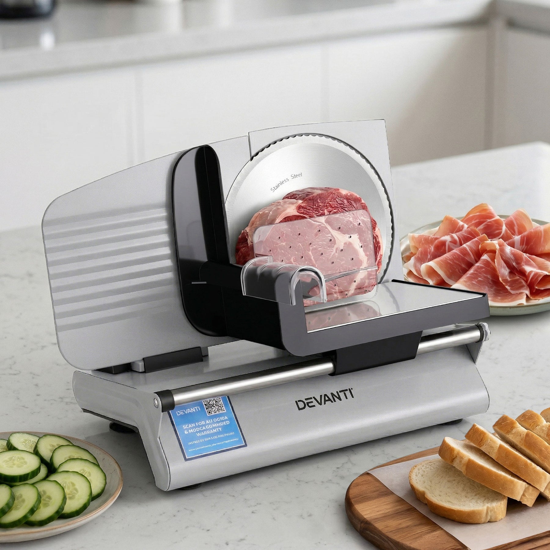 Devanti Meat Slicer Bread Vegetable, 200W Power 0-15mm Adjustable Easy Clean Stable Stainless Steel Blade Food Slicer for Kitchen Commercial, Silver - SuperSaverAU - view 1
