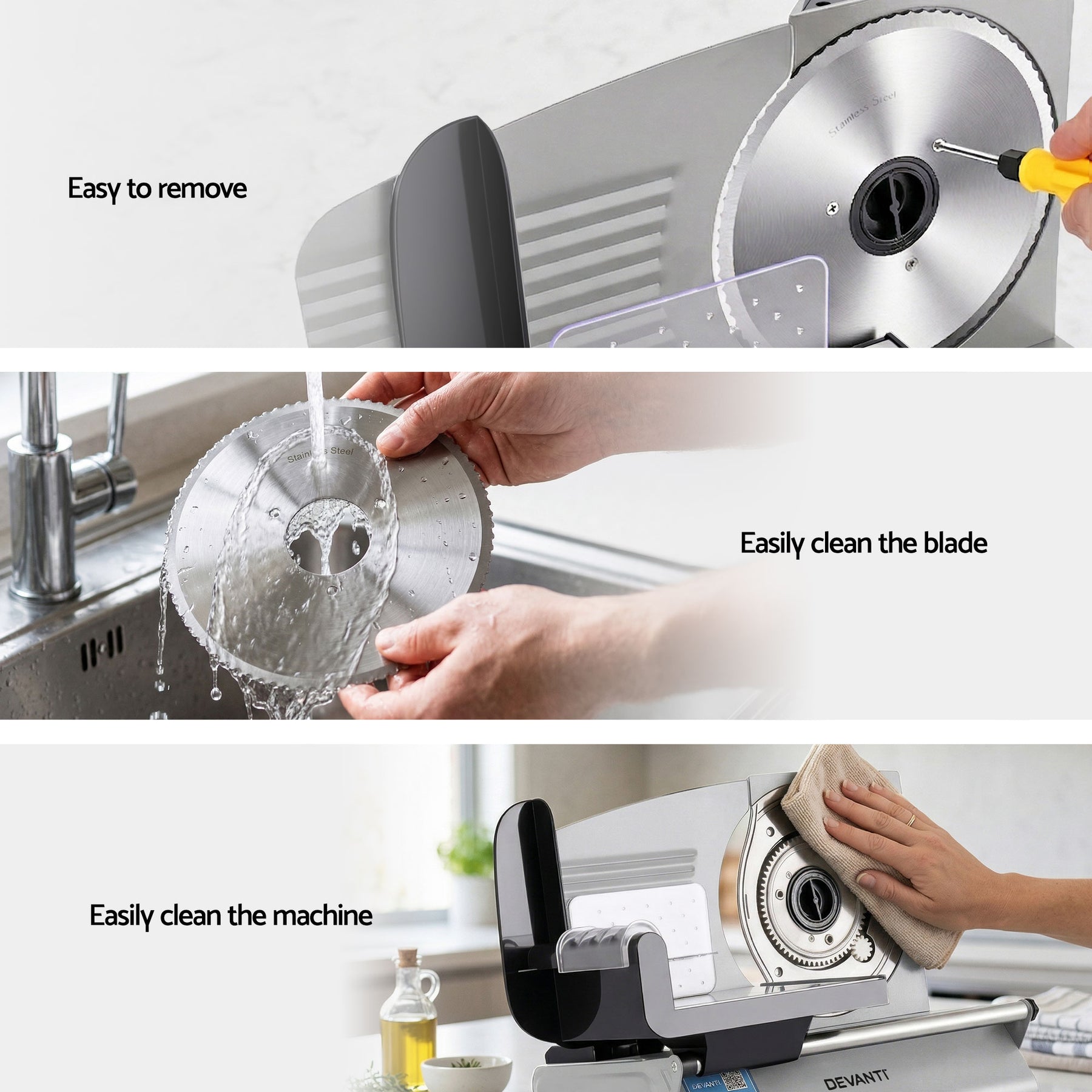 Devanti Meat Slicer Bread Vegetable, 200W Power 0-15mm Adjustable Easy Clean Stable Stainless Steel Blade Food Slicer for Kitchen Commercial, Silver - SuperSaverAU - view 6