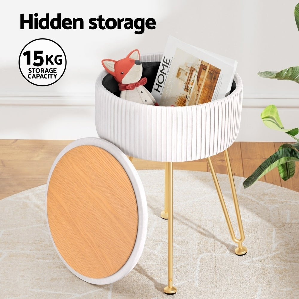 Artiss Round Velvet Storage Foot Stool - White, MDF Frame, Adjustable Legs - SuperSaverAU - view 5