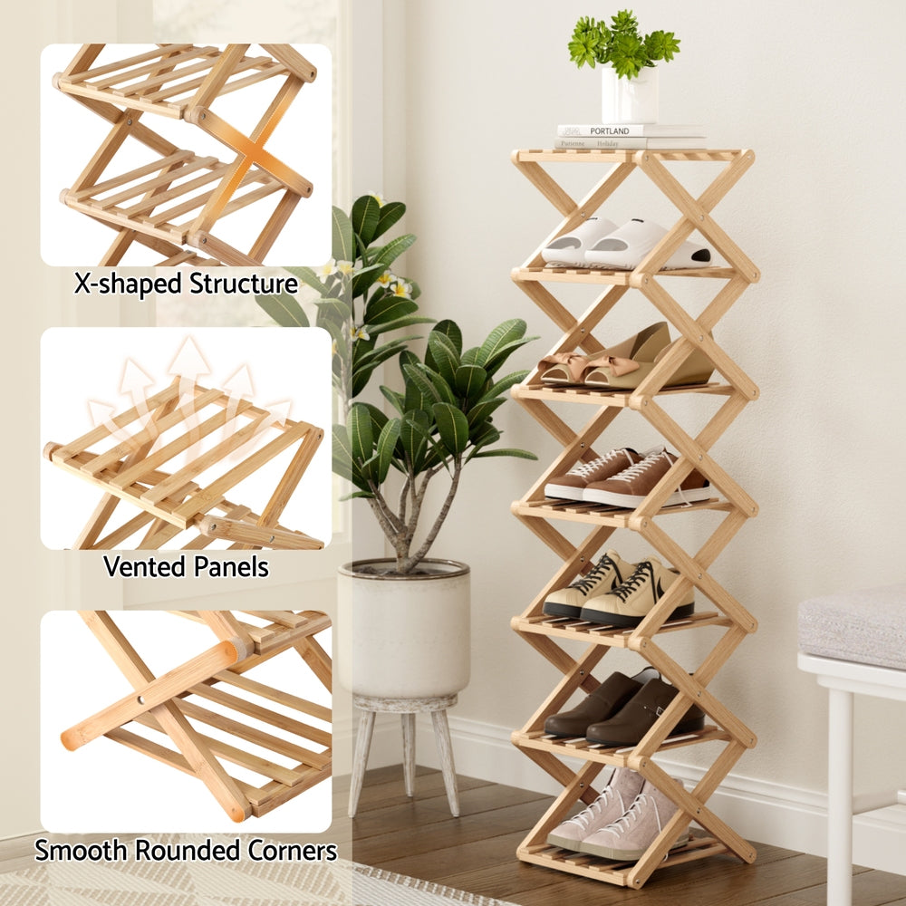 Artiss 7 Tier Bamboo Foldable Shoe Rack Entryway Organiser Pine Finish