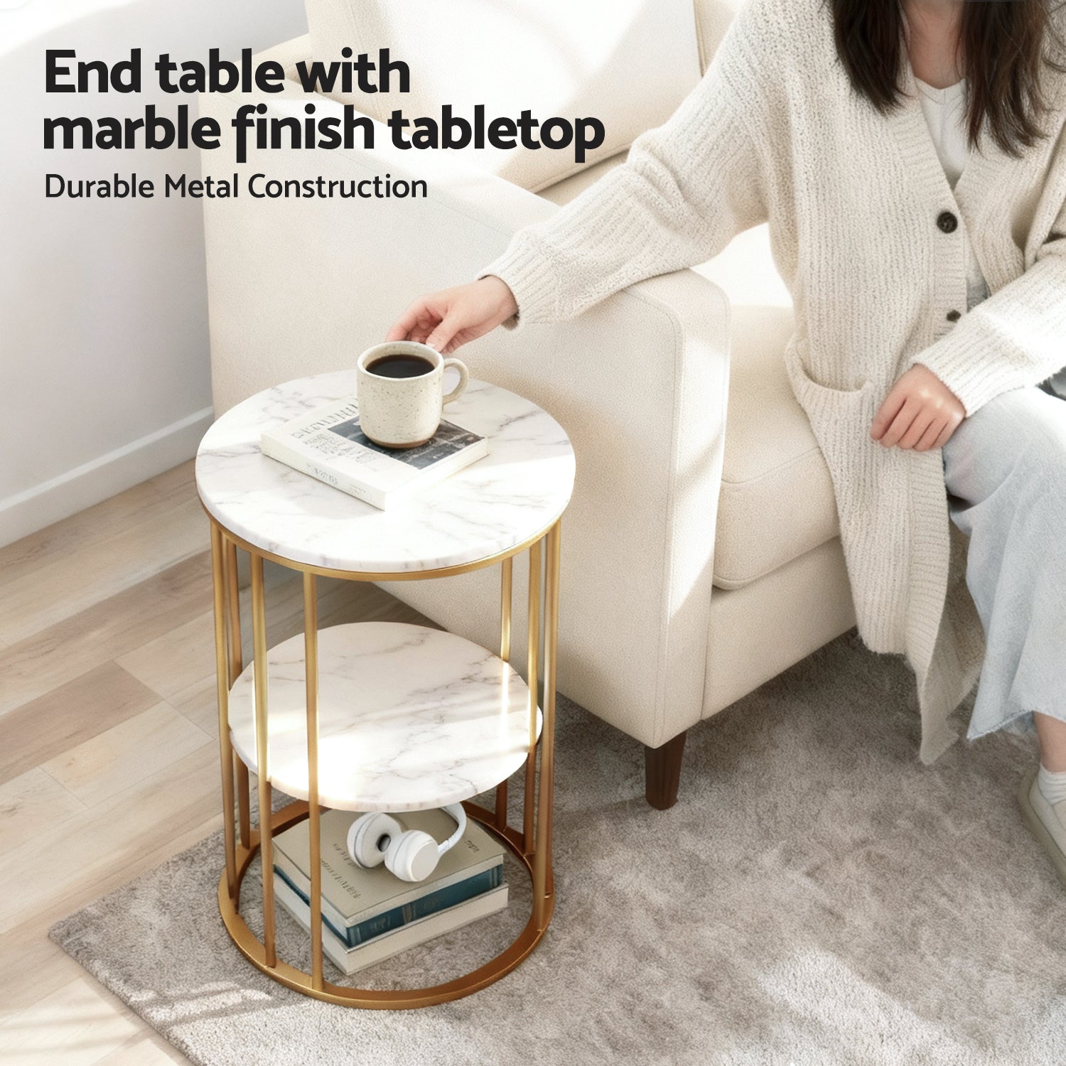 Artiss Coffee Table 2-Tier Marble Finish White & Gold 40cm x 40cm x 54cm - SuperSaverAU - view 4