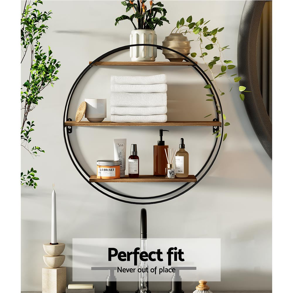 Artiss Floating Wall Shelf 3-Tier Round 50cm x 19cm x 50cm, Solid Wood, Easy Install - SuperSaverAU - view 6