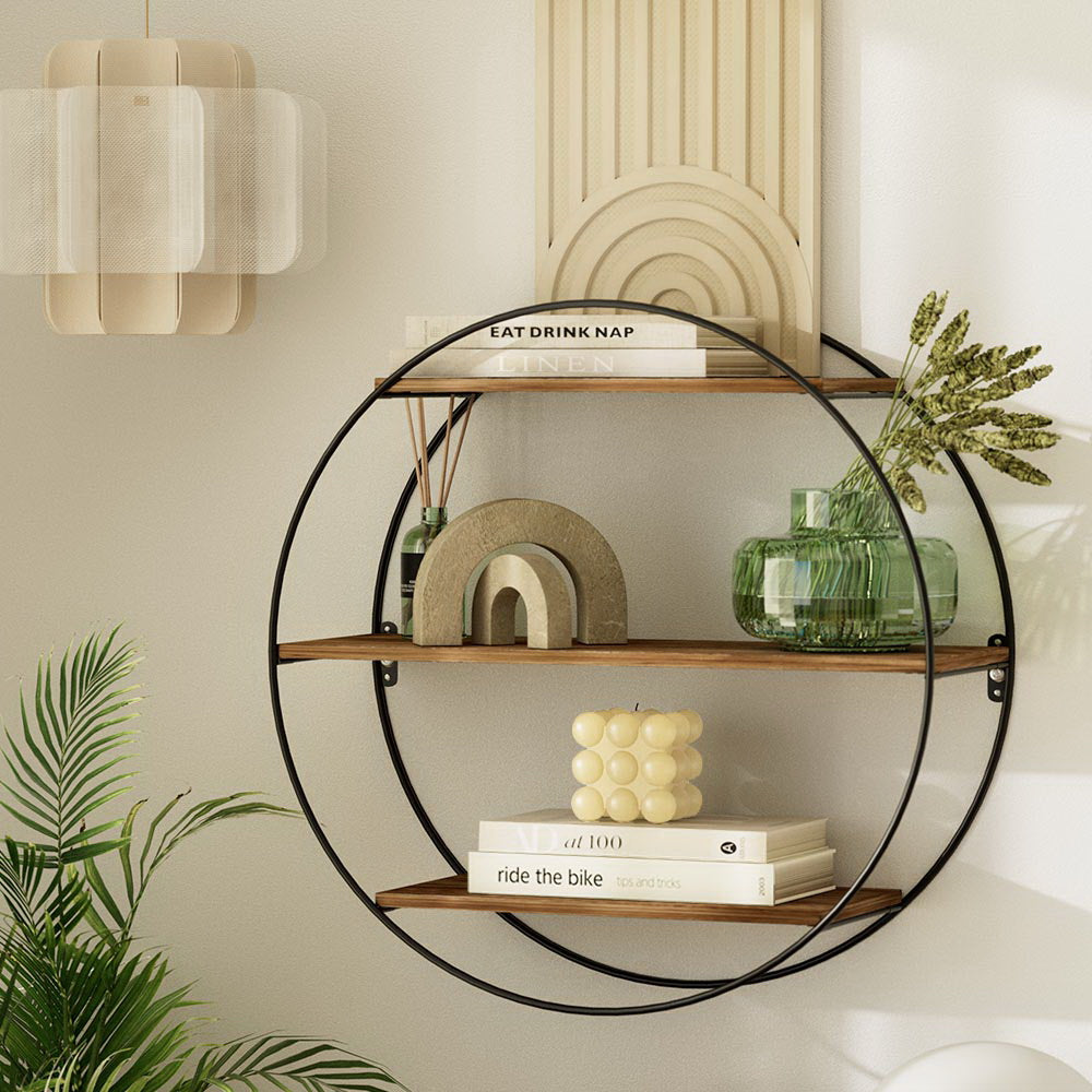 Artiss Floating Wall Shelf 3-Tier Round 50cm x 19cm x 50cm, Solid Wood, Easy Install - SuperSaverAU - view 8