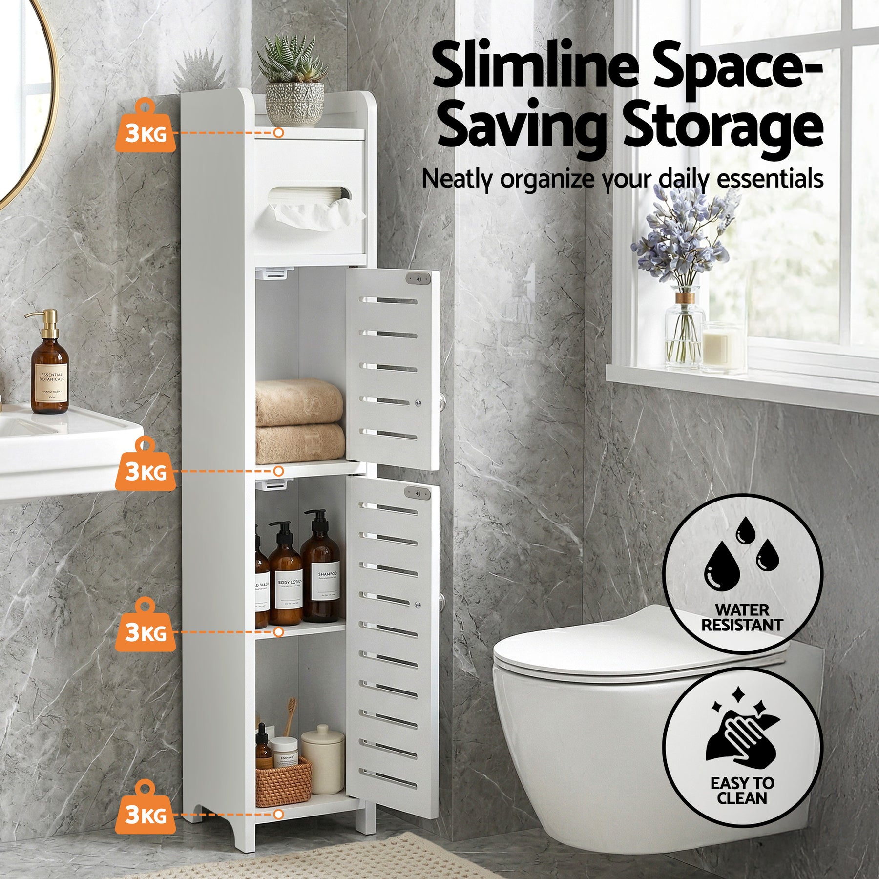 Artiss Bathroom Storage Cabinet 3-Tier Slim Toilet Paper Holder Organizer White - SuperSaverAU - view 5