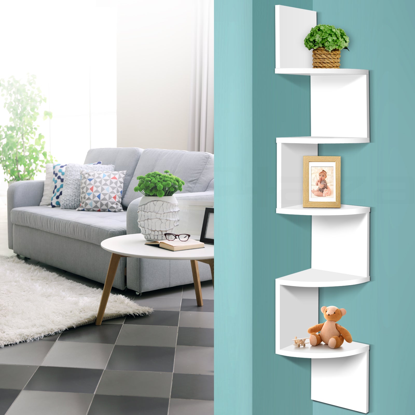 Artiss Wall Shelf Corner Floating 5-Tier White - SuperSaverAU - view 7