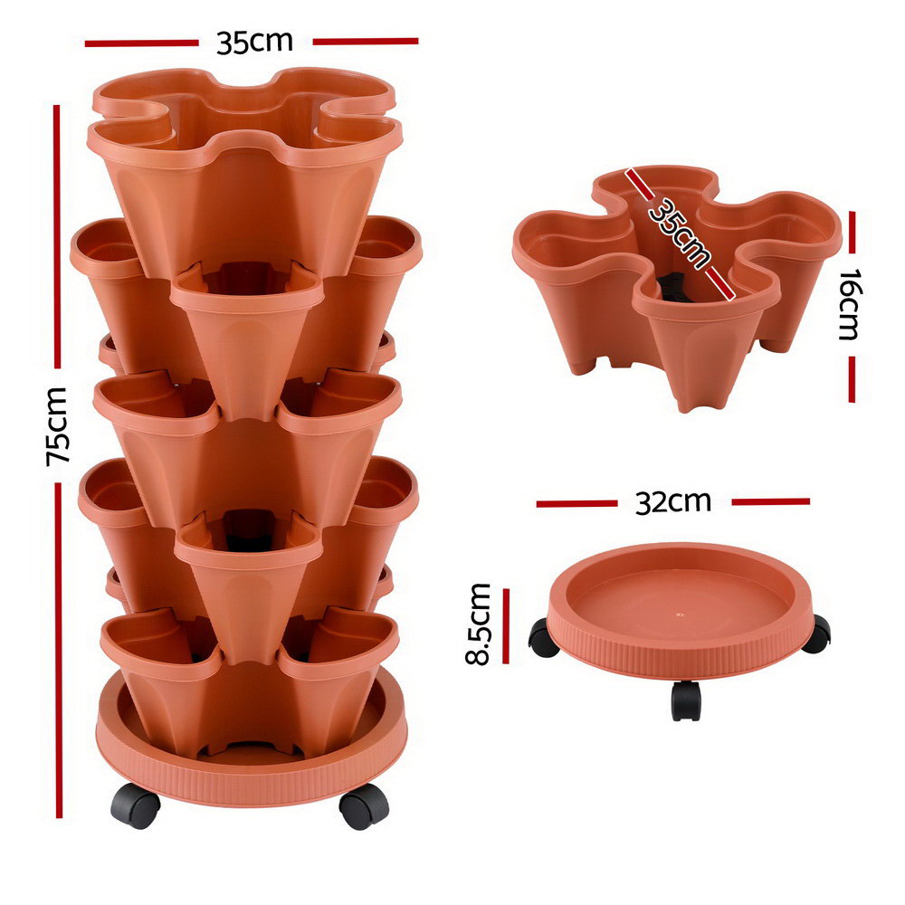 Green Fingers 5-Pot Strawberry Planter, 35cm x 35cm x 75cm, Brick Red, Stackable - SuperSaverAU - view 2