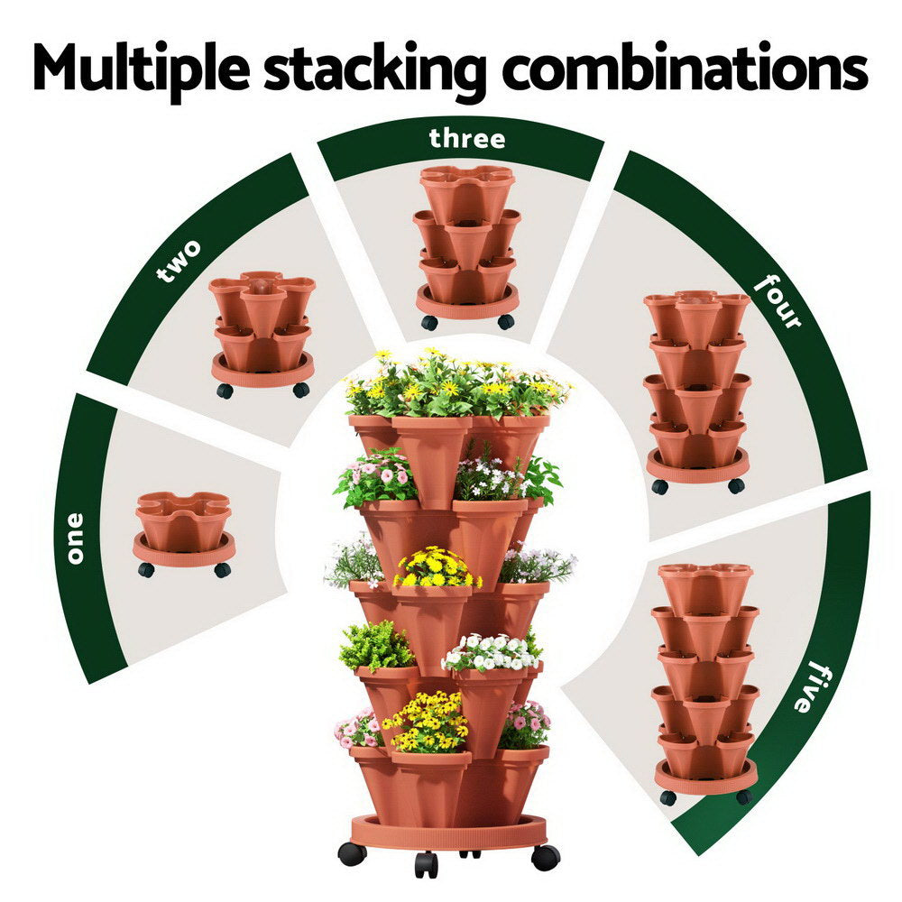 Green Fingers 5-Pot Strawberry Planter, 35cm x 35cm x 75cm, Brick Red, Stackable - SuperSaverAU - view 5