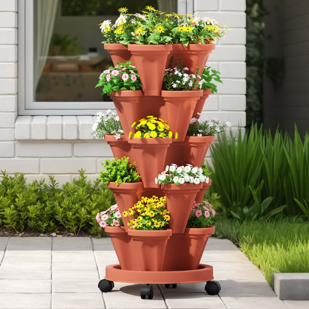 Green Fingers 5-Pot Strawberry Planter, 35cm x 35cm x 75cm, Brick Red, Stackable - SuperSaverAU - view 7