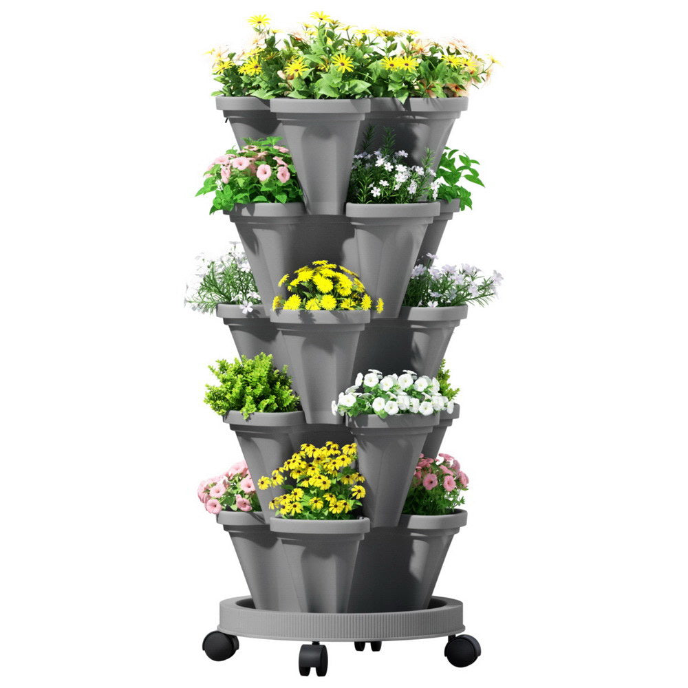 Green Fingers 5-Pot Vertical Strawberry Planter – Grey with Casters