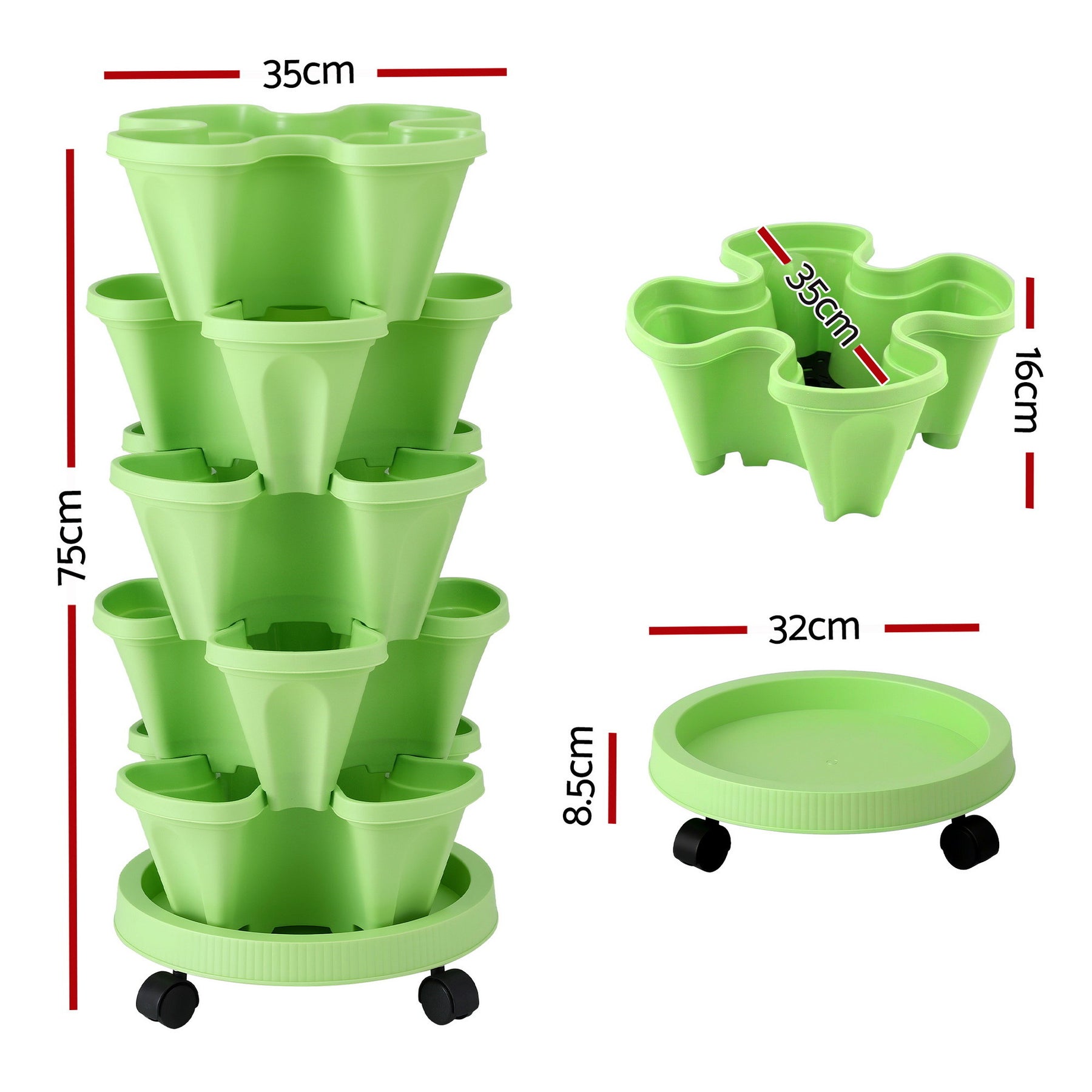 Green Fingers 5-Tier Stackable Vertical Garden Bed – Light Green with Casters