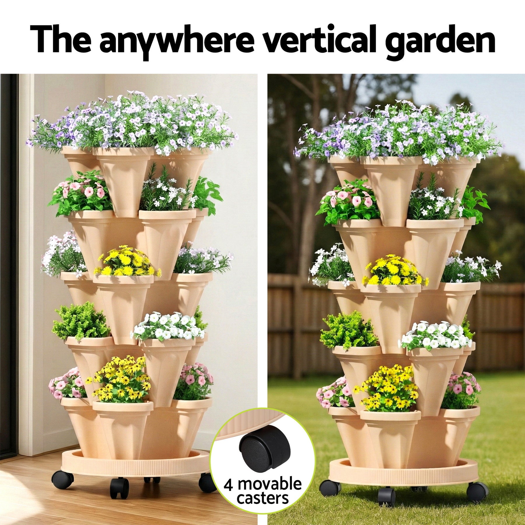 Green Fingers 5-Tier Stackable Vertical Garden Bed – Beige with Casters
