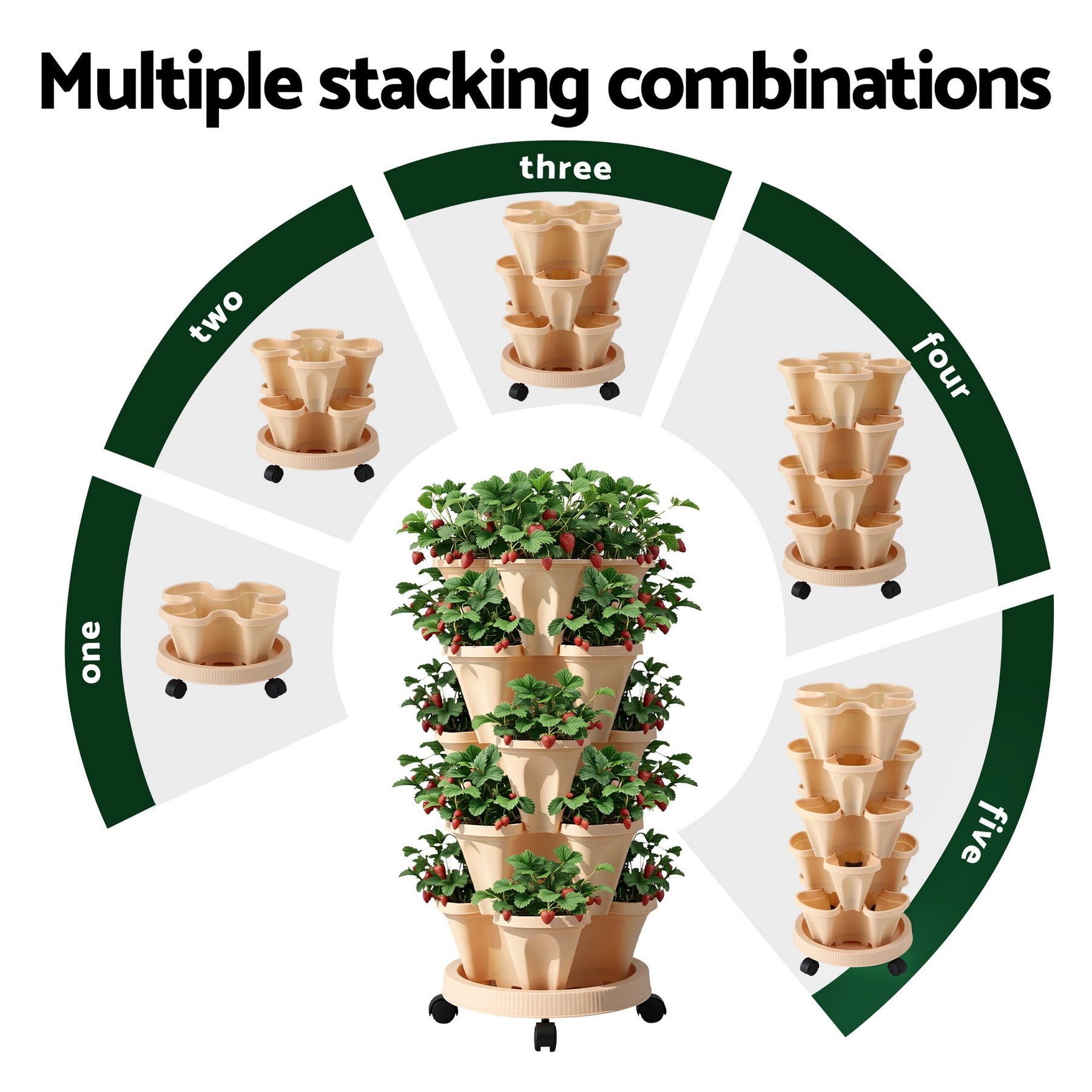 Green Fingers 5-Tier Stackable Vertical Garden Bed – Beige with Casters