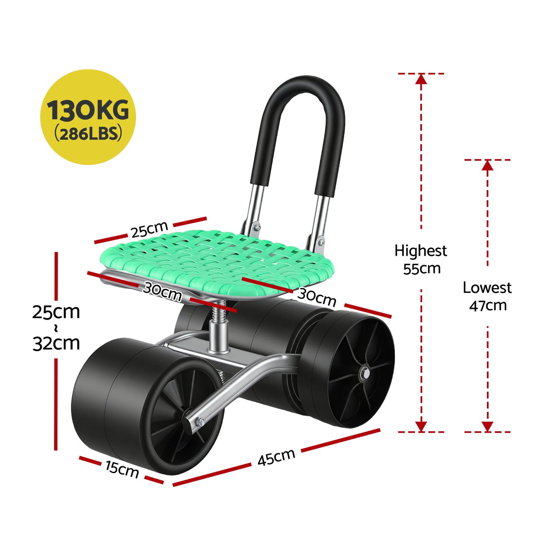 Gardeon Rolling Garden Work Seat – Green 130kg, 360° Swivel Adjustable Stool