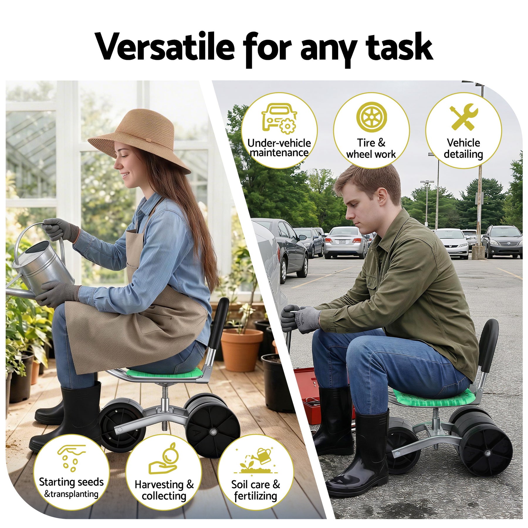 Gardeon Rolling Garden Work Seat – Green 130kg, 360° Swivel Adjustable Stool