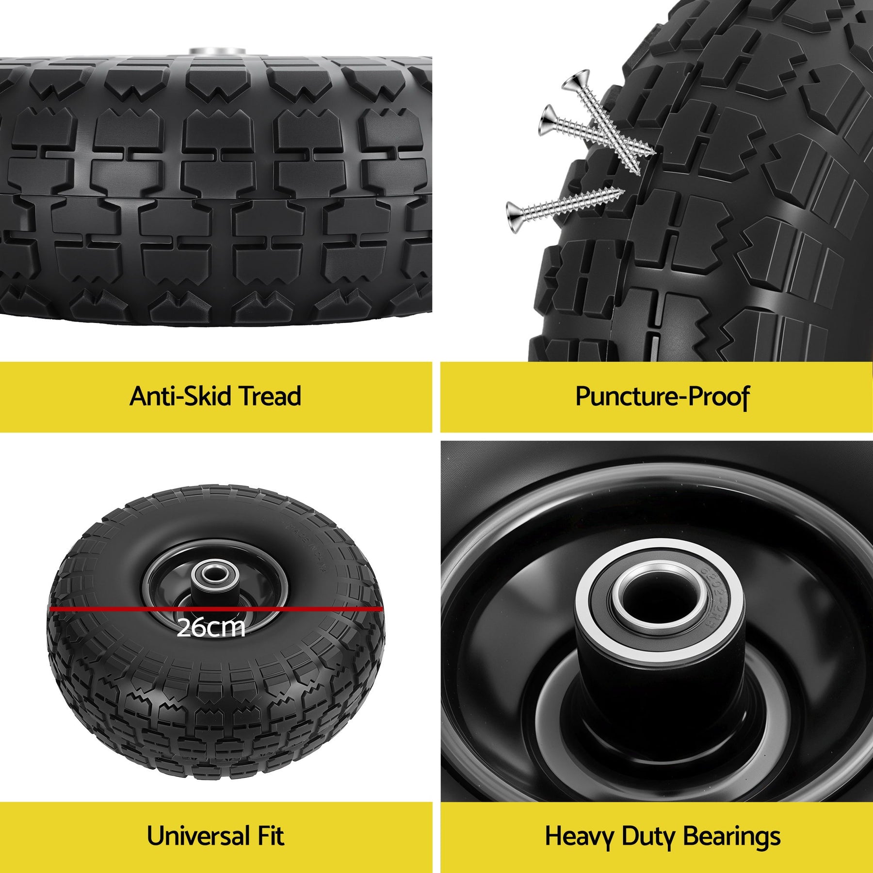Gardeon 2pcs 4.10/3.50-4 Flat Free Solid Rubber Tires, 10" Heavy Duty Wheels - SuperSaverAU - view 7