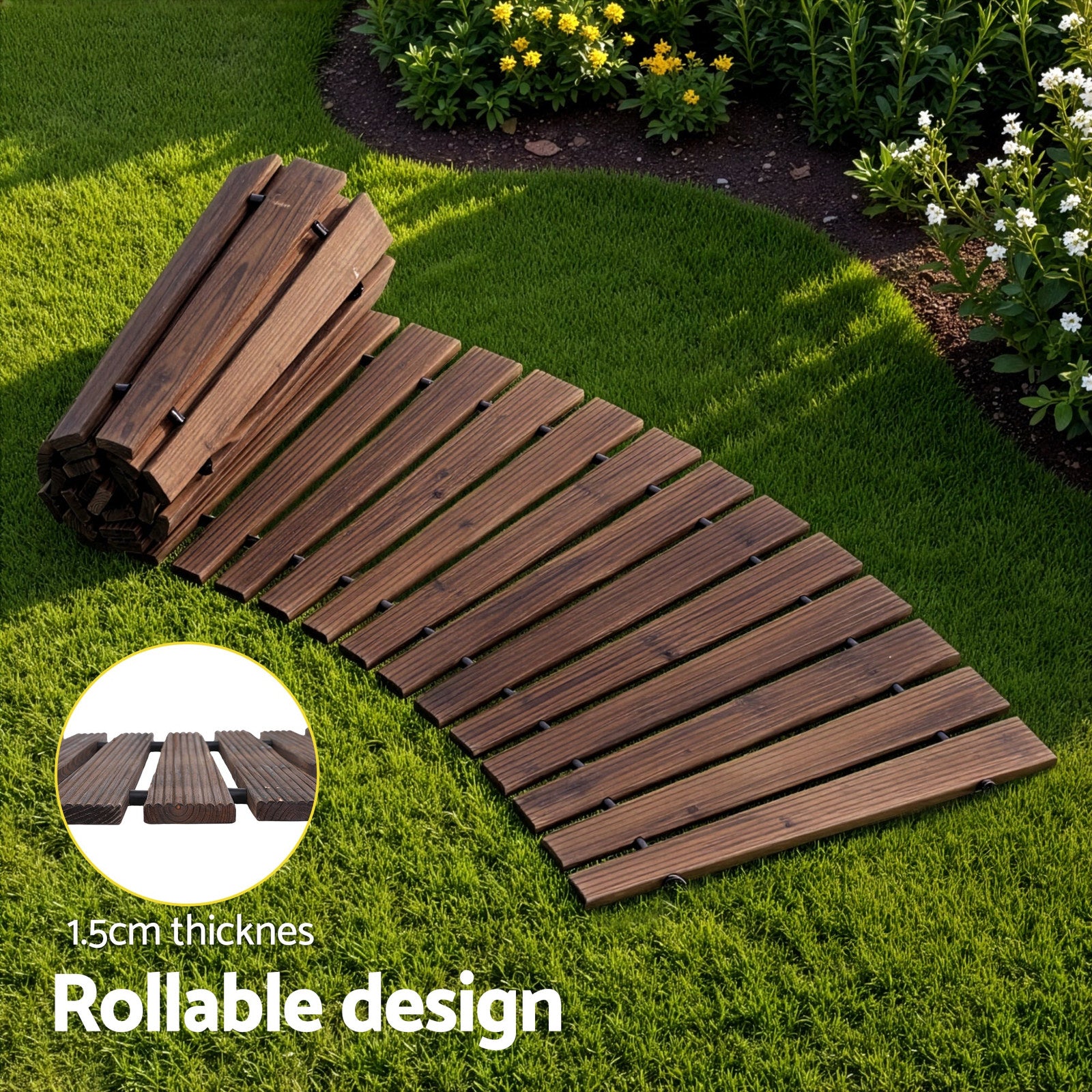 Gardeon 8FT Wooden Garden Pathway Roll-Out Curved Walkway Outdoor Backyard Charcoal Brown - SuperSaverAU - view 5