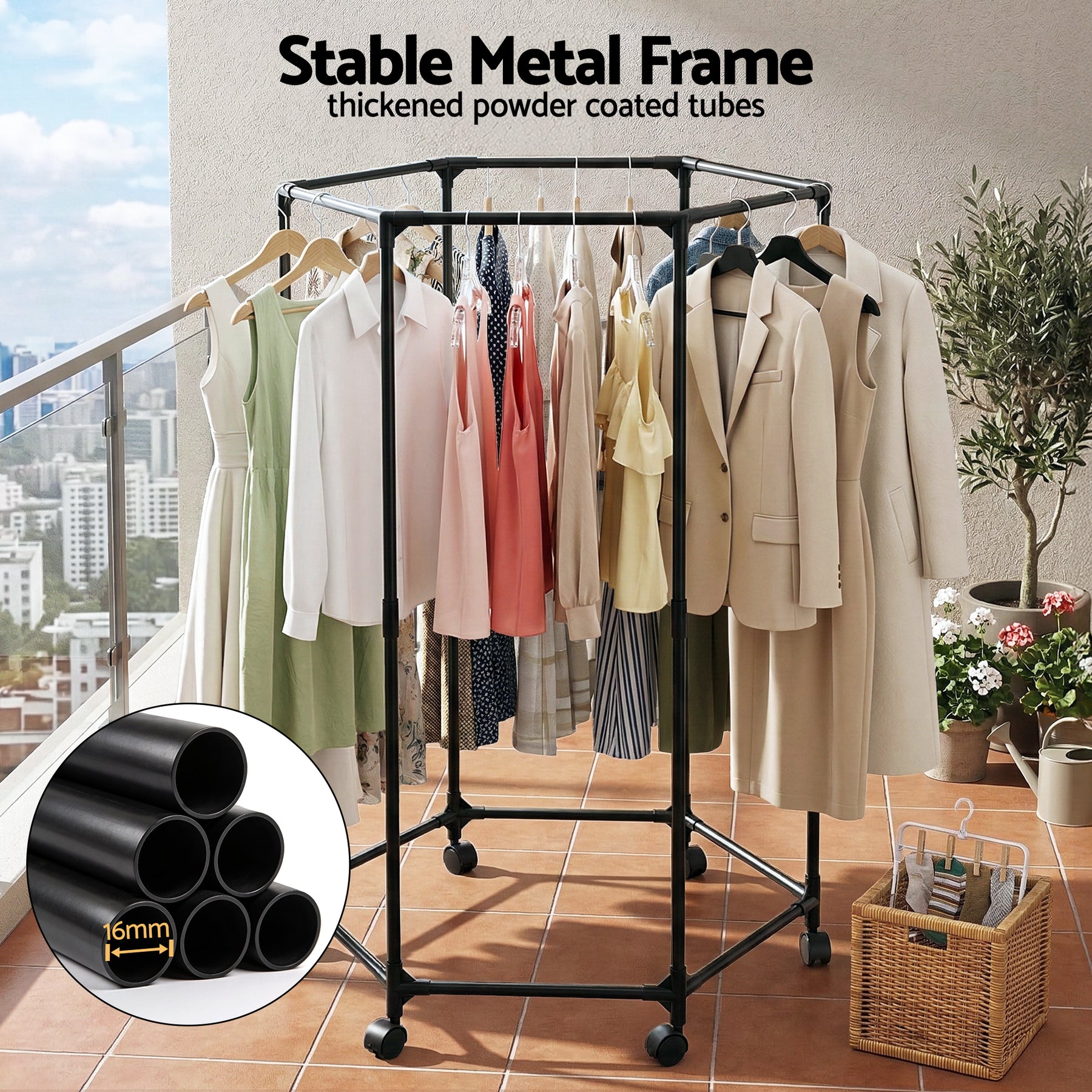 Artiss Clothes Rack Black 6 Rod Garment Airer with Wheels 50kg Capacity