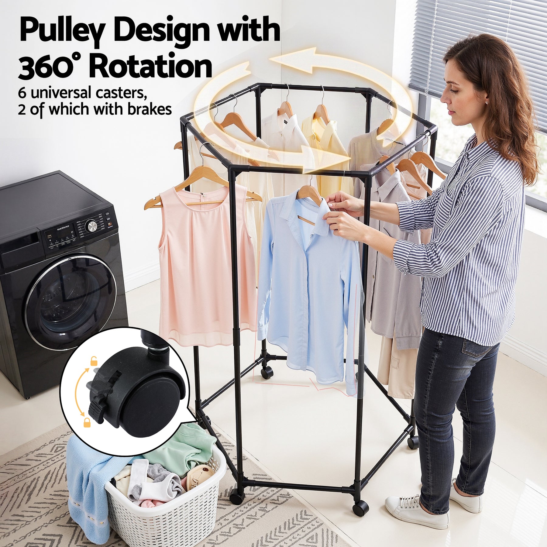 Artiss Clothes Rack Black 6 Rod Garment Airer with Wheels 50kg Capacity