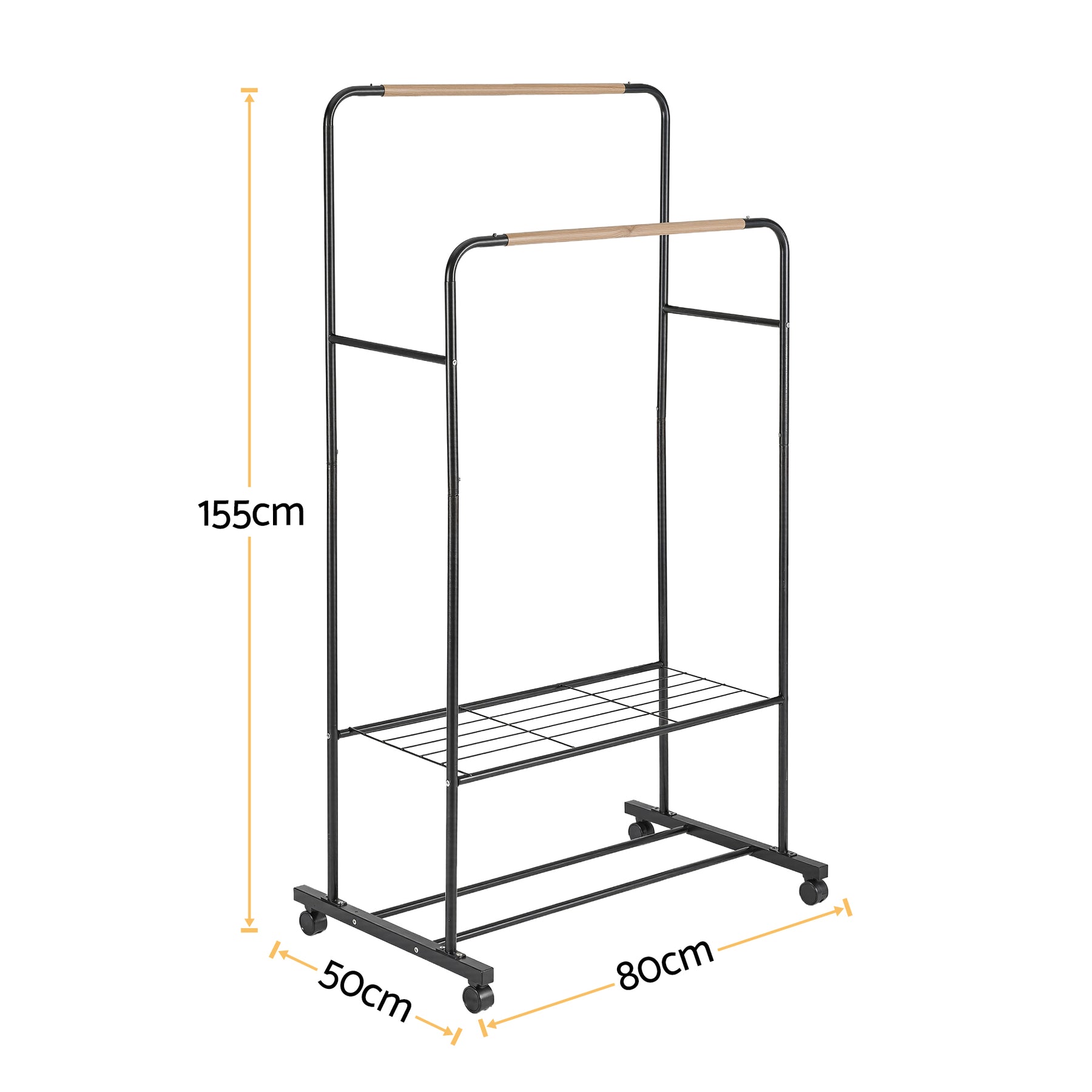 Artiss Double Rod Clothes Rack Black Coat Stand with Wheels and Storage Shelves