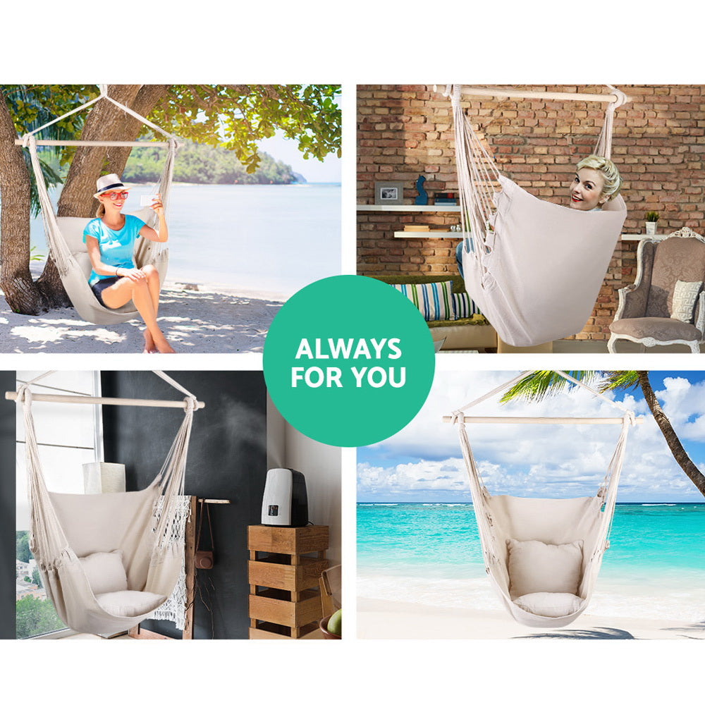 Gardeon Hammock Chair 100cm x 45cm x 145cm with Cushions - Cream, Indoor/Outdoor - SuperSaverAU - view 3