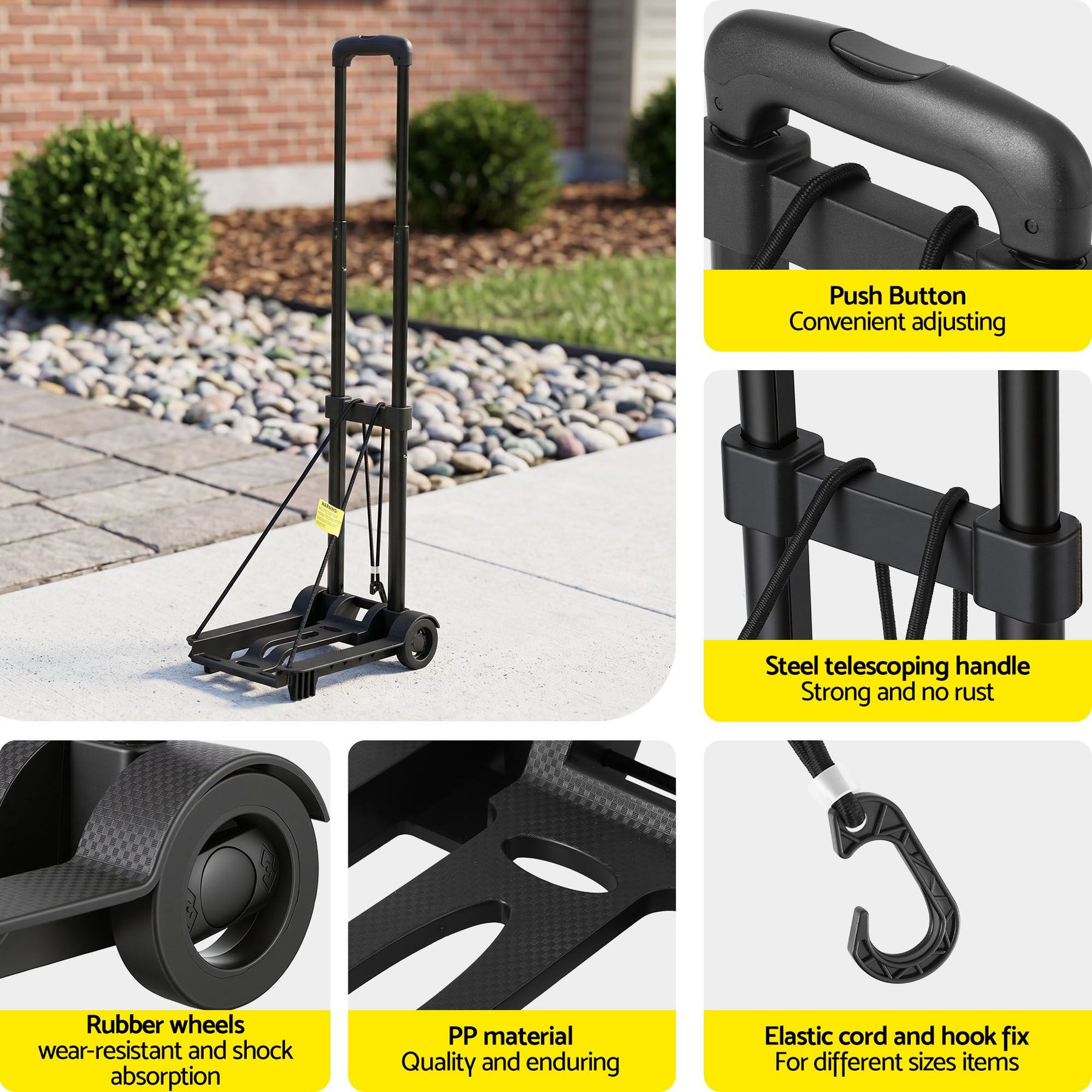 Giantz Folding Hand Trolley with Adjustable Handle - Black, 25kg