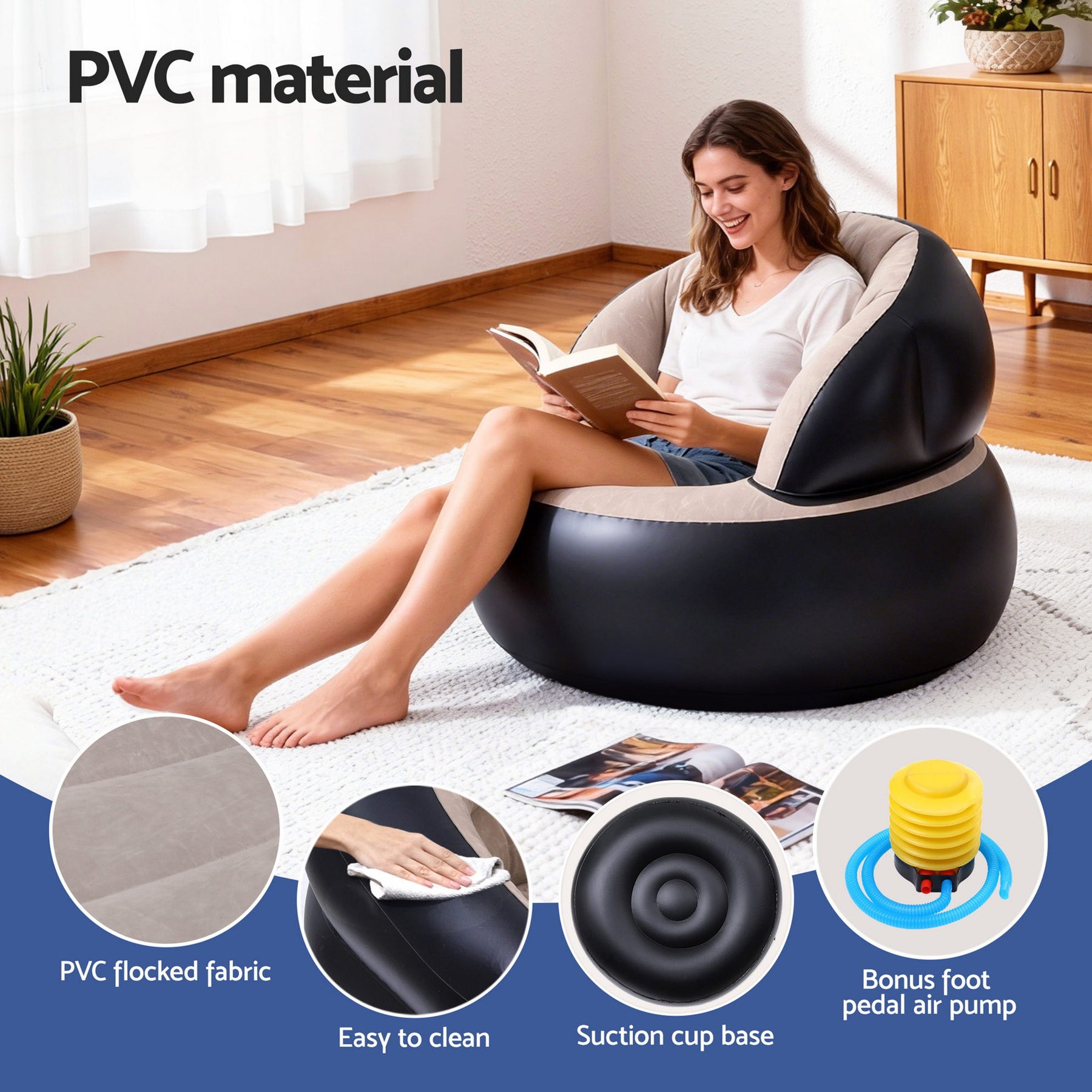 Gardeon Inflatable Folding Chair Coffee Black with Pump 150kg Capacity
