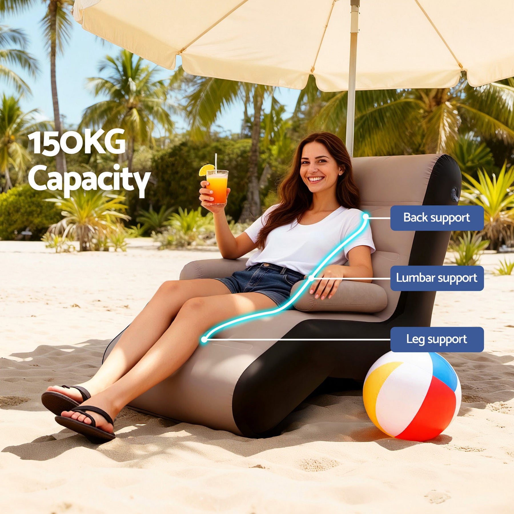 Gardeon Inflatable Sun Lounger Sofa Chair Coffee Black with Pump 150kg Capacity