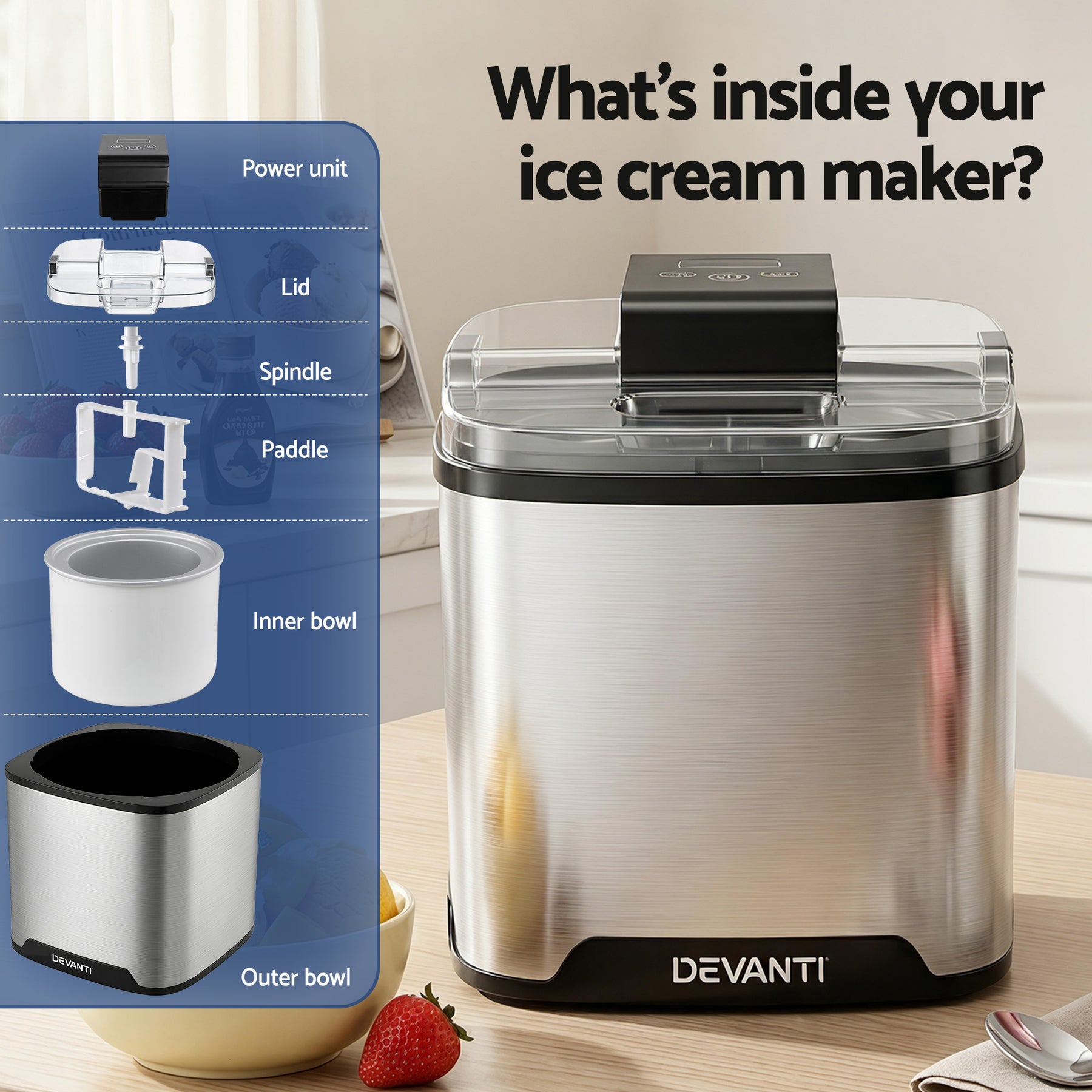 Devanti 2L Ice Cream Maker for Gelato, Sorbet & Frozen Drinks - Silver