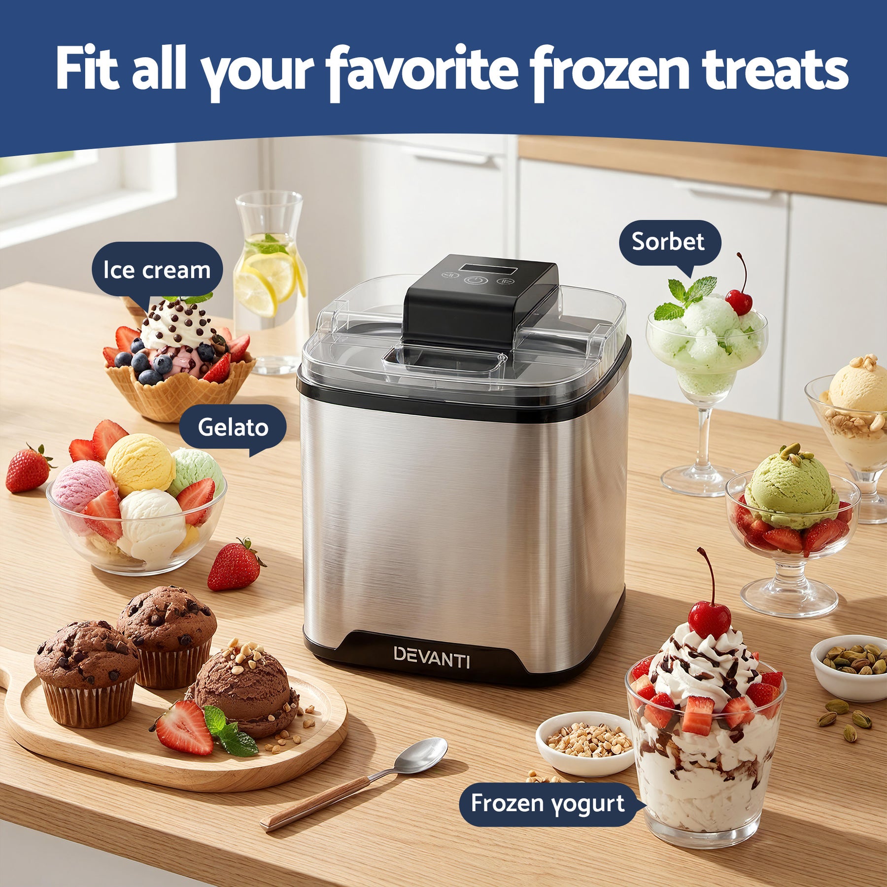 Devanti 2L Ice Cream Maker for Gelato, Sorbet & Frozen Drinks - Silver