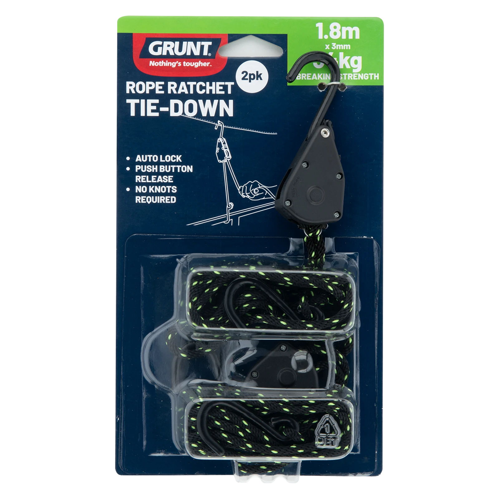 Grunt 3mm x 1.8m Rope Ratchet Tie Downs Auto Lock 2 Pack