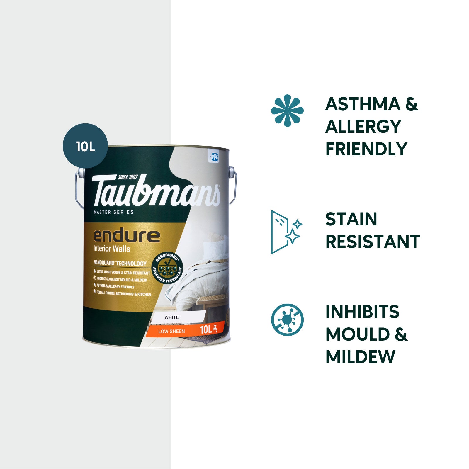 TAUBMANS Endure 10L White Low Sheen Interior Walls Paint Water Based UV Resistant