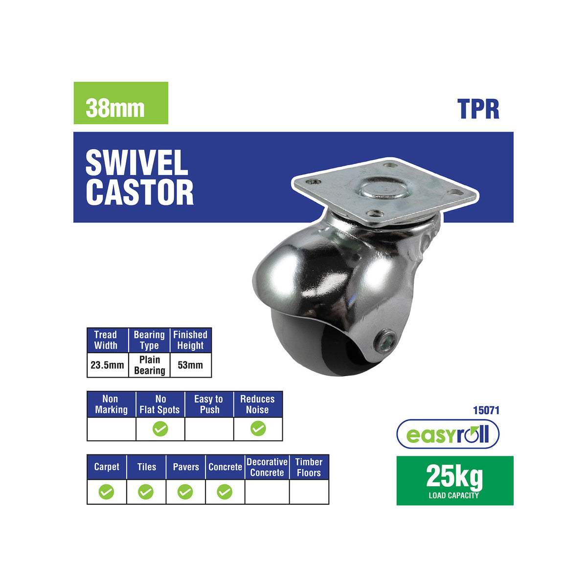 Easyroll 38mm 25kg Swivel Plate TPR Ball Wheel Castor Grey Indoor