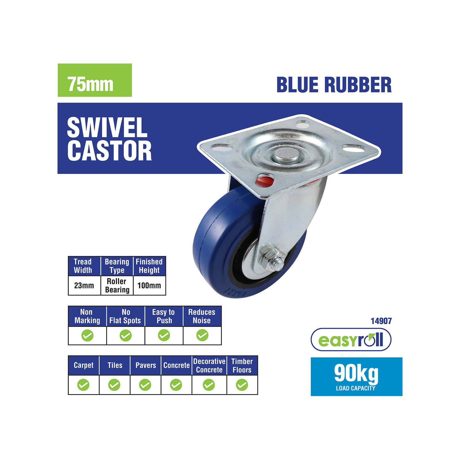 Easyroll 75mm Blue Rubber Heavy Duty Swivel Castor 90kg Load Indoor Outdoor