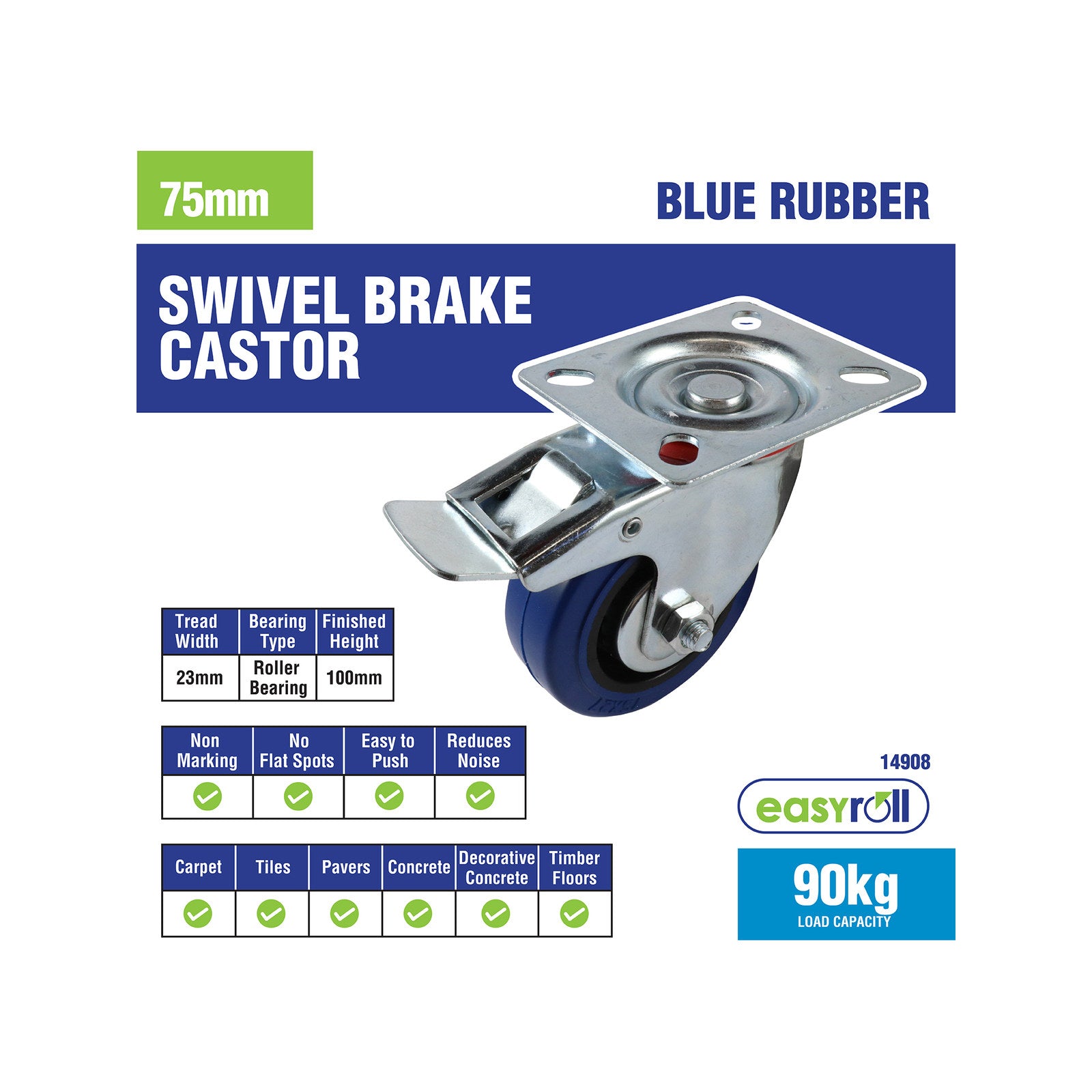 Easyroll 75mm Blue Rubber Swivel Brake Castor 90kg Load Indoor Outdoor