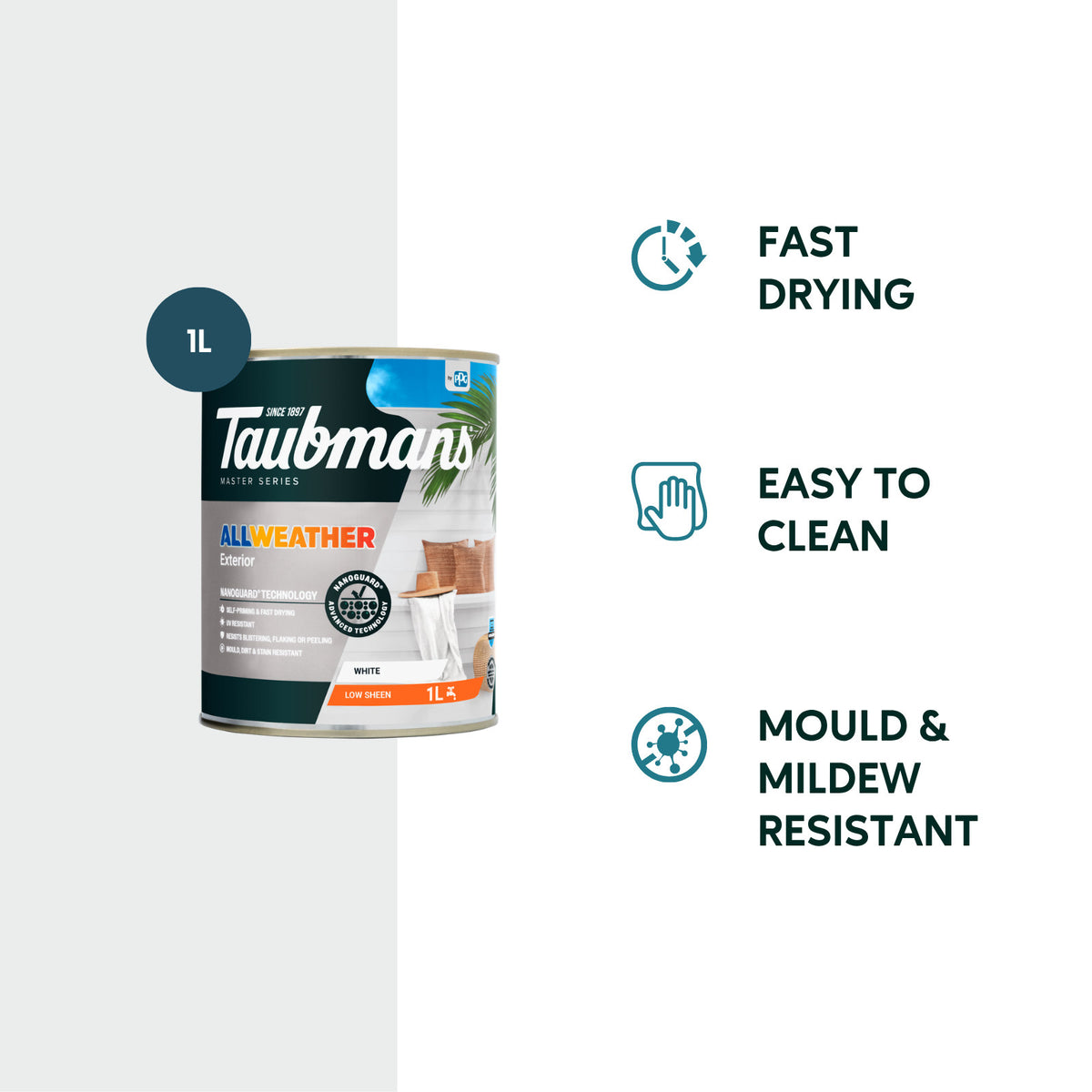 TAUBMANS 1L White Low Sheen Water Based Acrylic All Weather Exterior Paint