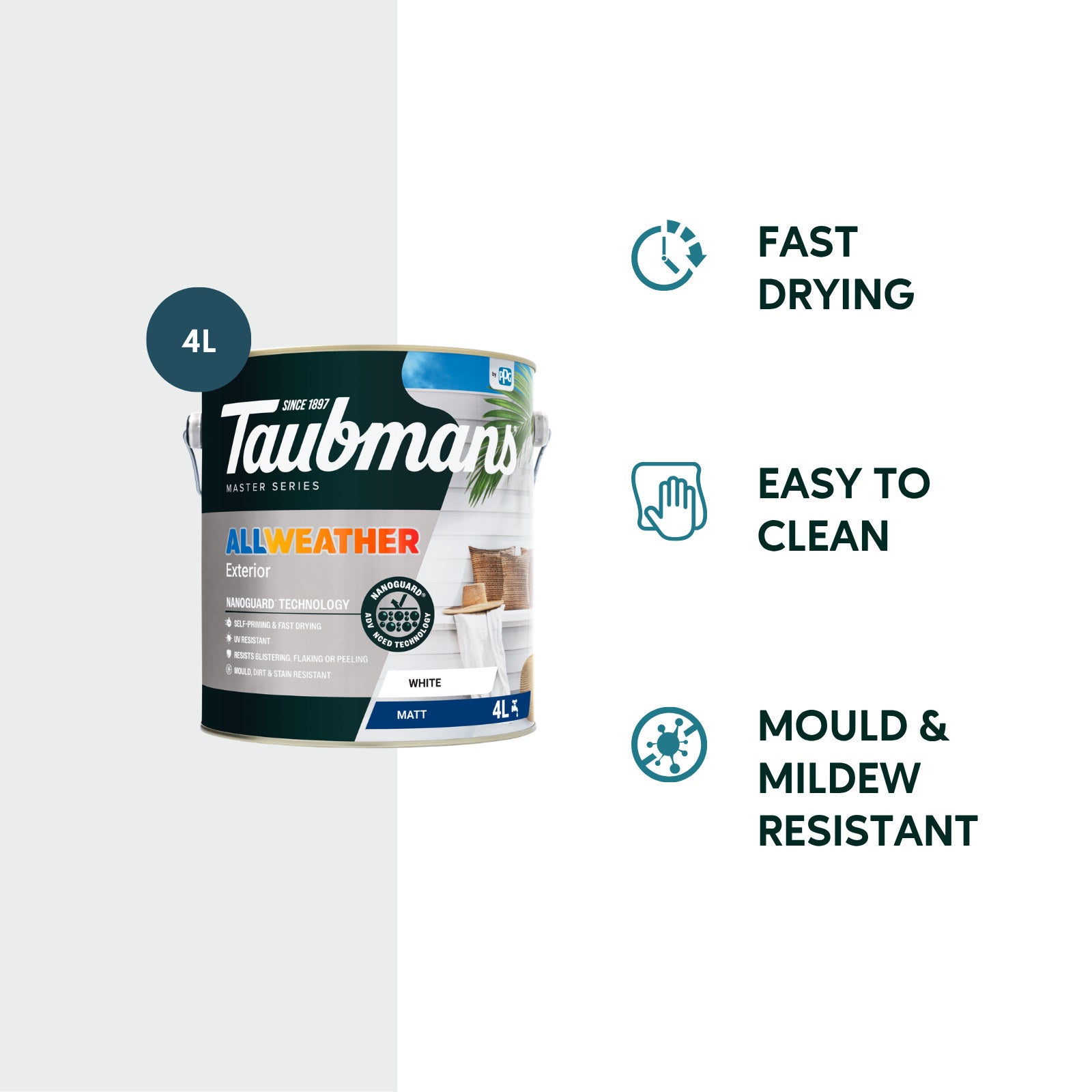 Taubmans 4L White Matt All Weather Exterior Paint Water Based UV Resistant