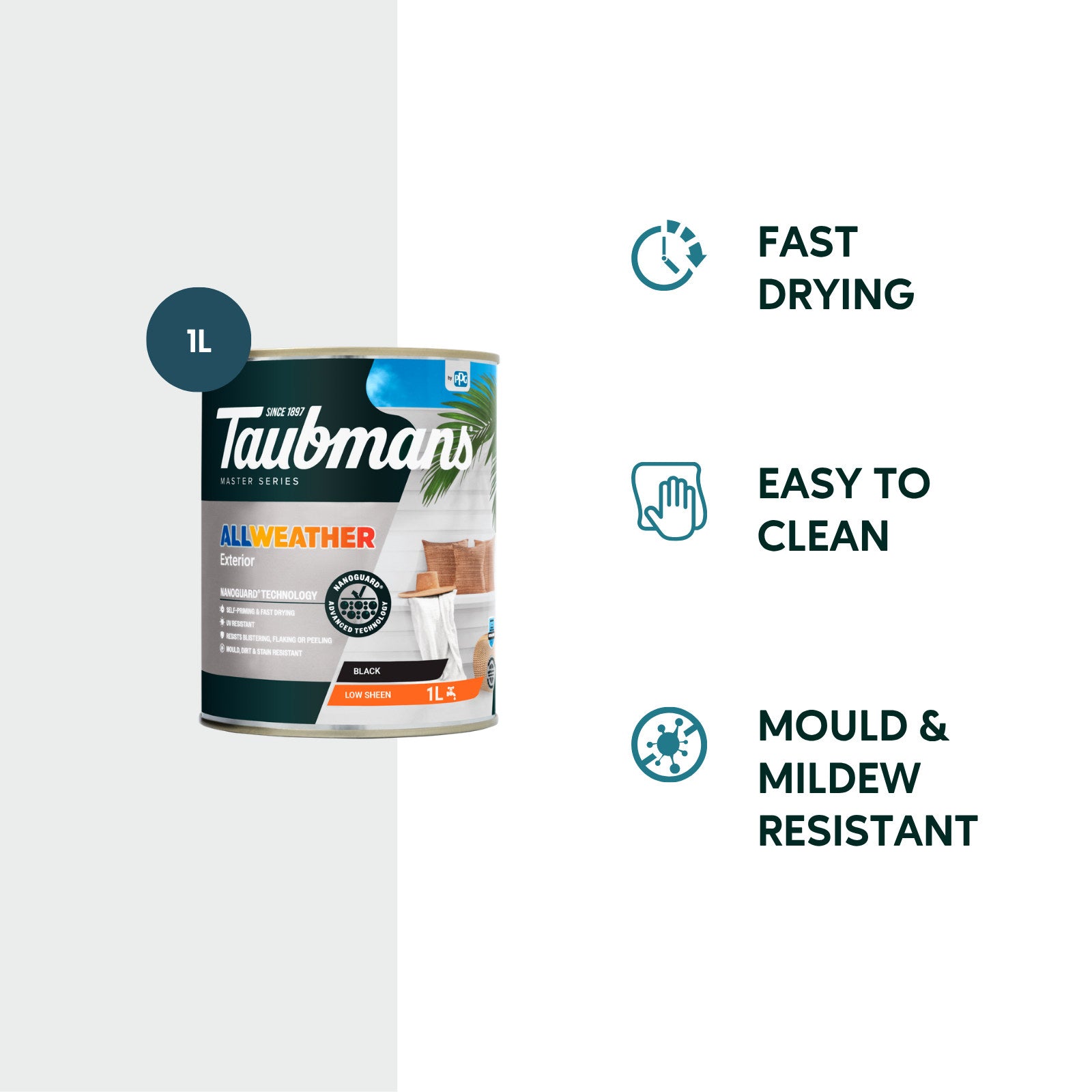 Taubmans 1L Black Low Sheen All Weather Exterior Paint