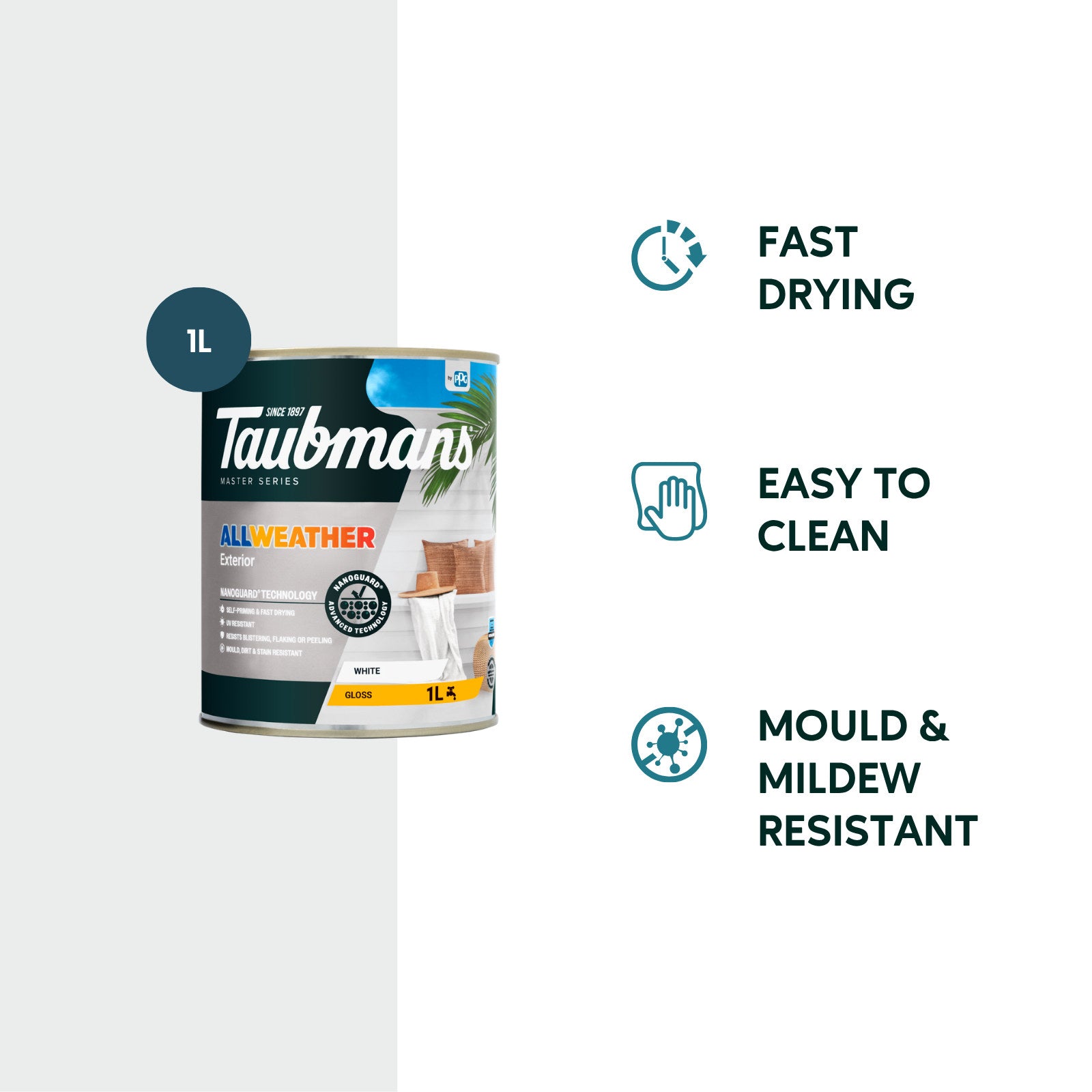 Taubmans 1L White Gloss All Weather Exterior Paint