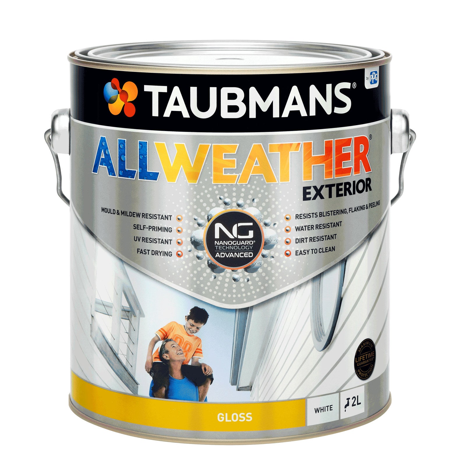 Taubmans 2L White Gloss All Weather Exterior Paint Water Based UV Resistant